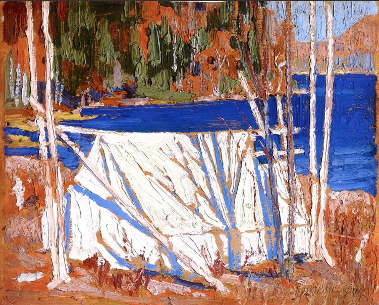 oil painting of white tent slung between silver birch trees at the edge of a wooded shoreline of bright blue water