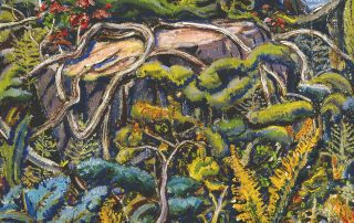 Oil painting of a forest floor with tangled roots, leaves and flowers over and around a tree stump.