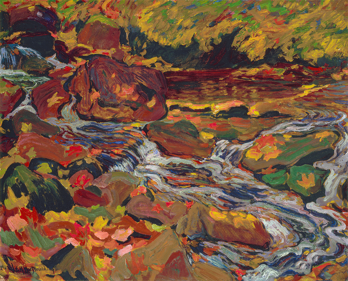 oil painting of a stream with autumn leaves in the water and on the banks and rocks