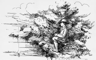 Black and white drawing of man sitting on shoreline fishing.