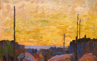 Oil painting in an impressionistic style of dead trees in a rocky landscape silhouetted against a yellow sky.