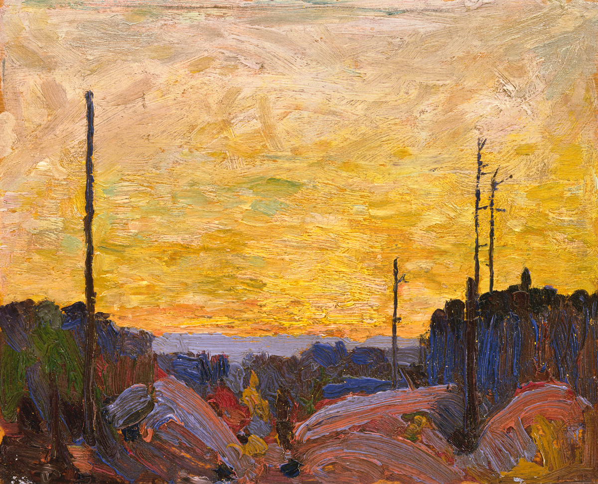 Oil painting in an impressionistic style of dead trees in a rocky landscape silhouetted against a yellow sky.