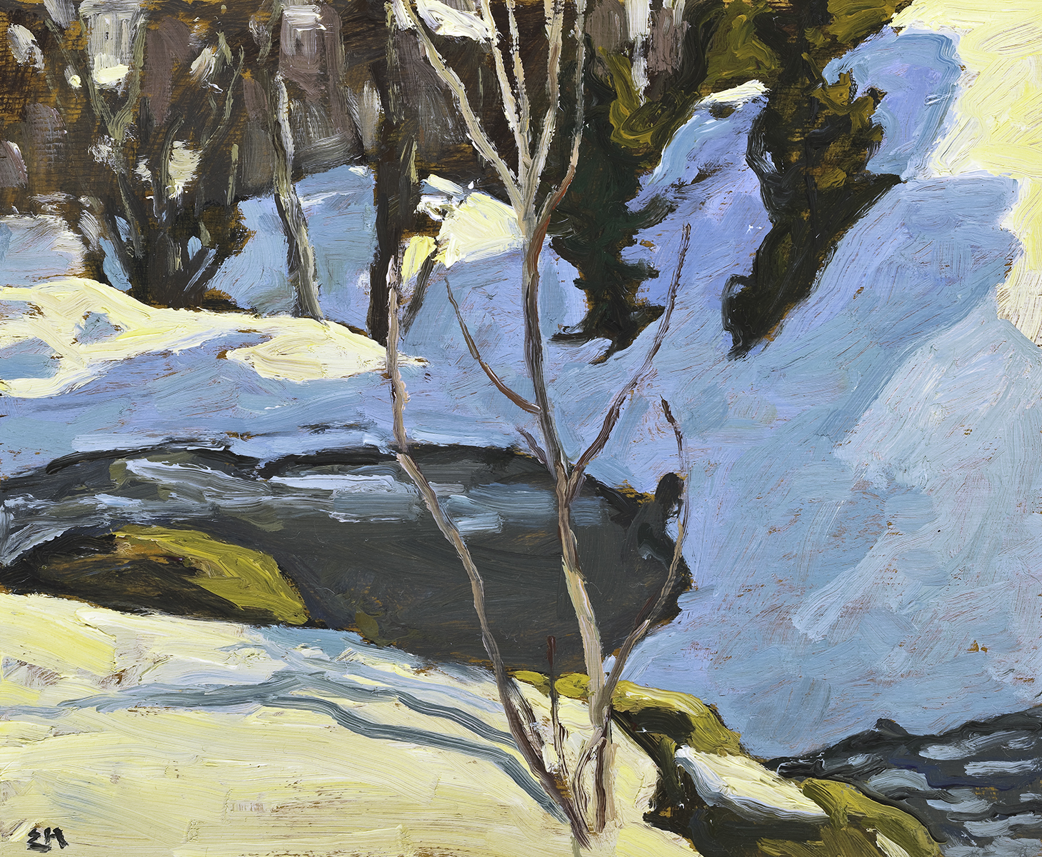 oil painting of winter landscape with pool in centre