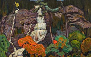 oil painting of waterfall and rocks with trees in foreground in shades of orange and green