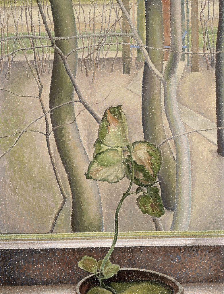 1969.2.4_WEB oil painting of young plant in a pot on windowsill with view of trees in snow outside