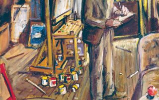 Oil painting of man smoking a pipe, standing in artist's studio