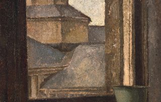 oil painting of roofs of seen through an open window with ceramic bowl on interior windowsill