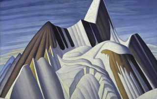oil painting of a mountain with snowy slopes and exposed rock surfaces