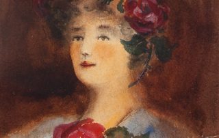 Watercolour painting of a woman with red roses and leaves in her hair and below her neck.