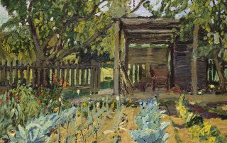 Oil painting of a garden planted with rows of plants. Wooden structure and fence behind the garden flanked by trees.
