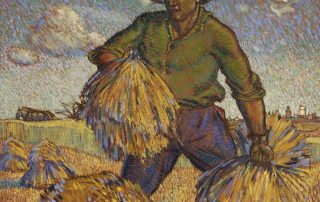 oil painting of man gathering sheaves of grain