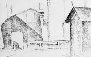 black and white drawing of buildings
