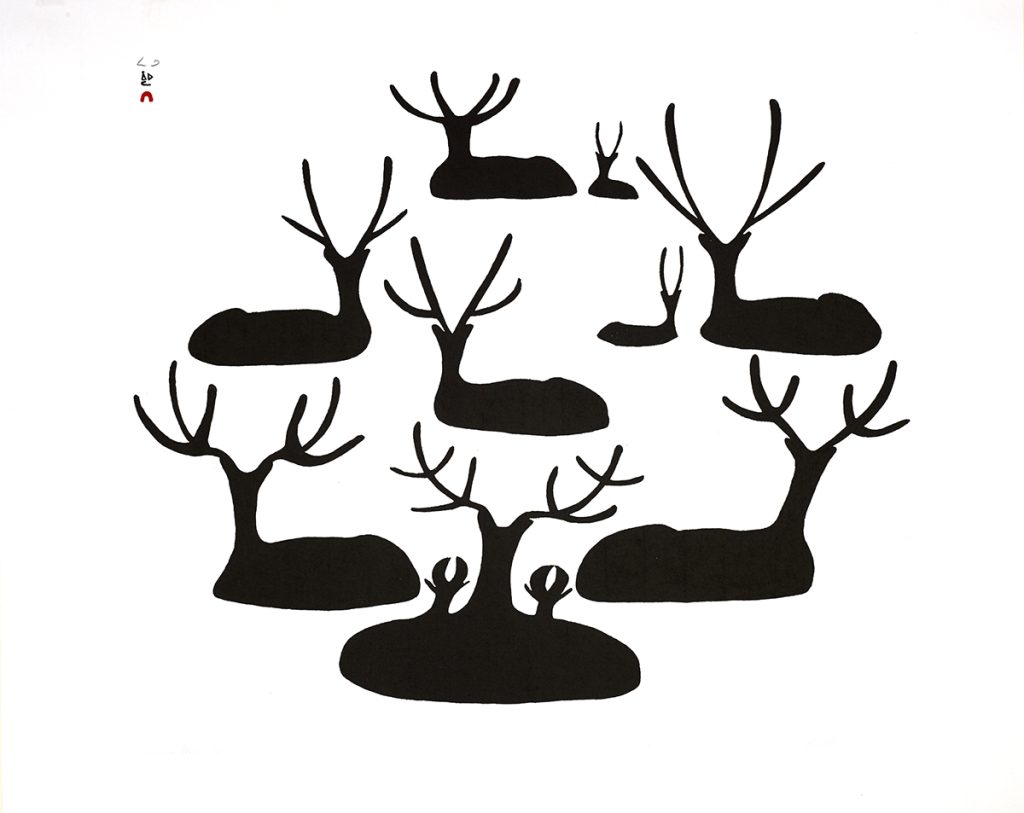 Black silhouettes of nine caribou in a circular arrangement on white paper.