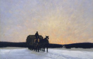 oil painting of horses pulling a loaded wagon in winter landscape