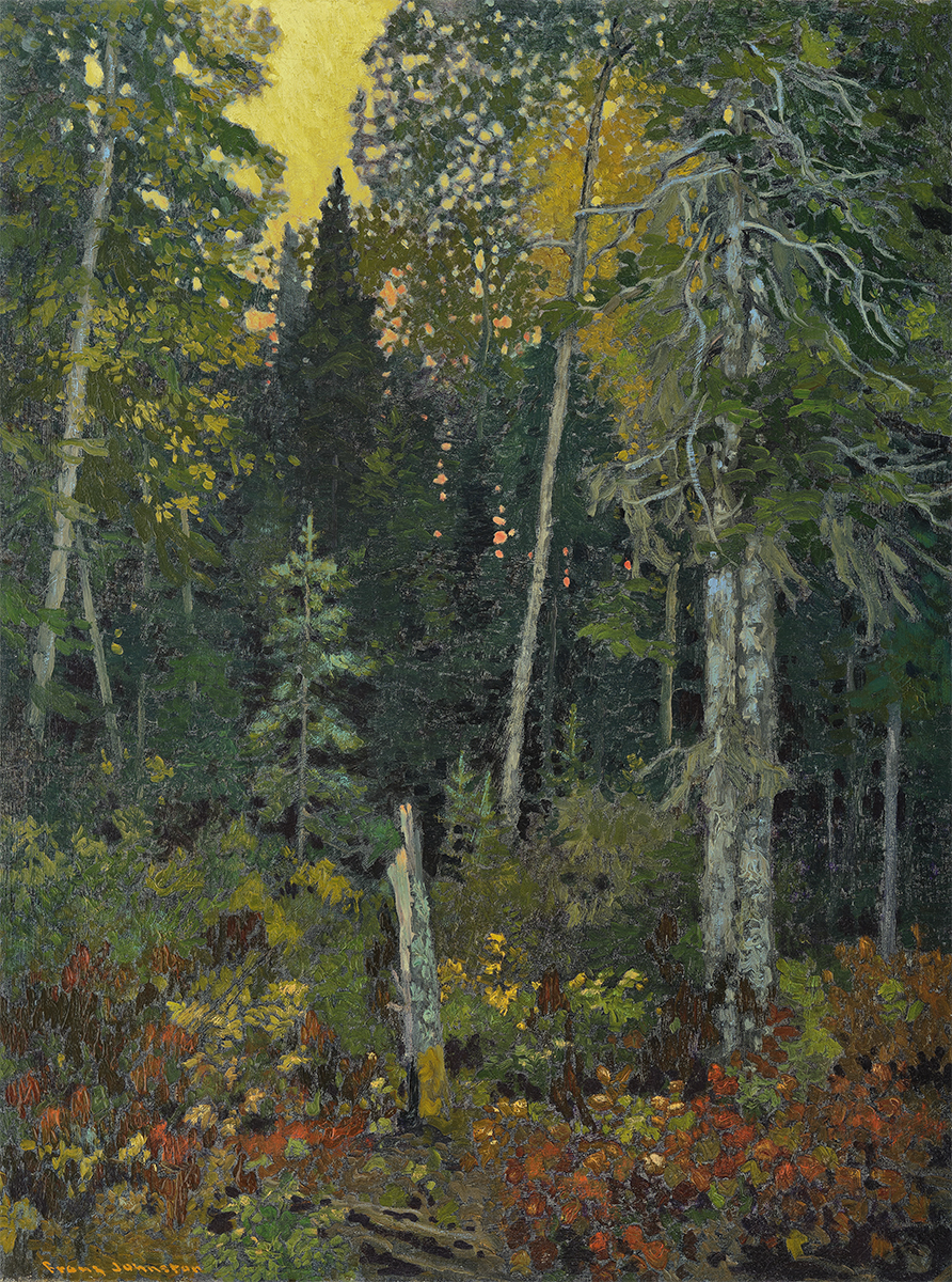 Oil painting of a forest with orange and yellow sky visible through foliage at top.