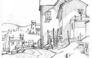 black and white drawing of buildings in a hilly landscape
