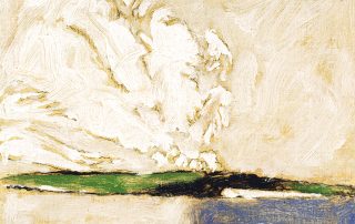 oil painting of landscape in shades of white, green and blue