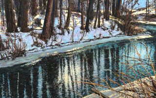 Painting of a river in winter with reflections of trees.