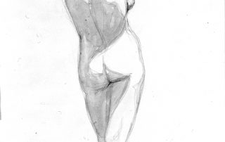 black and white drawing of a female nude seen from behind