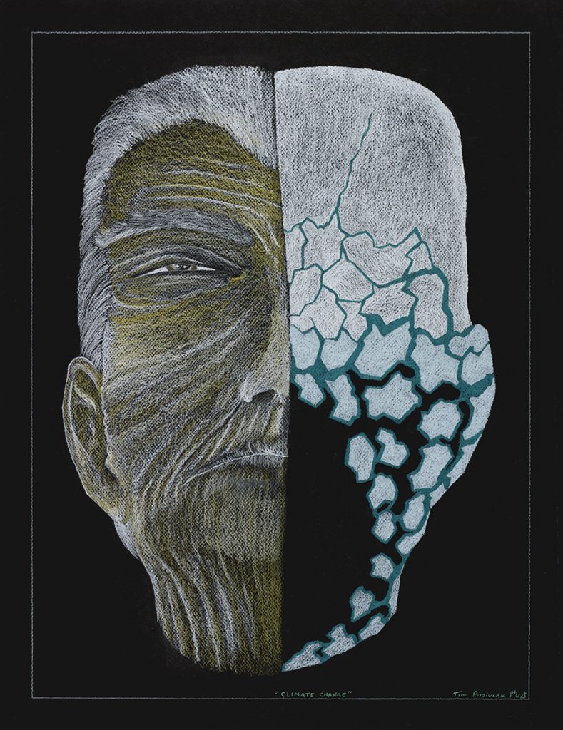 Pencil drawing in white and yellow of head of a man on black paper. Left side of head shows features. Right side are white angular shapes to the dimension of the head with black paper showing through shapes.