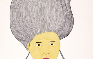 Drawing of the head of a woman. She has bright pink lips, black hair standing straight up with two strands hanging on either side of her face. She is wearing a necklace.