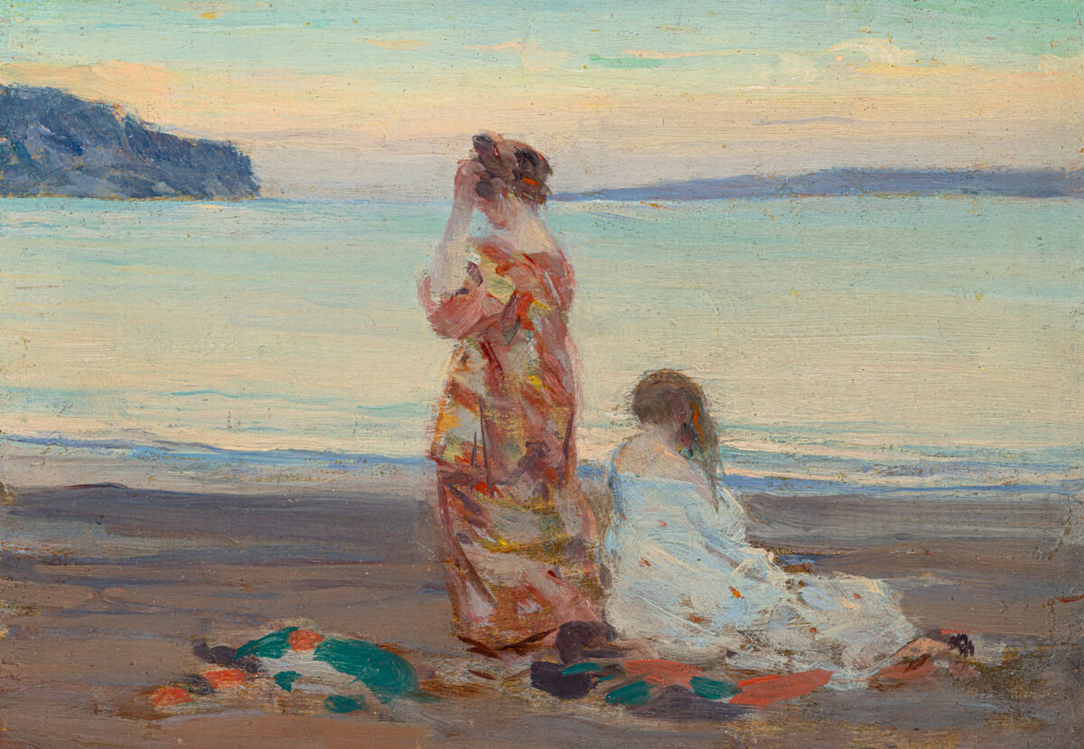 Painting showing two women in long summer dresses, on the beach, one is standing, both scour the horizon