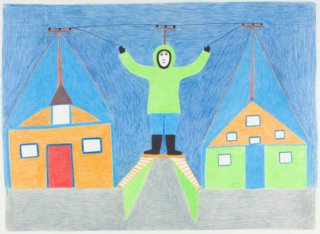 adult holding power lines, acrylic paints on paper
