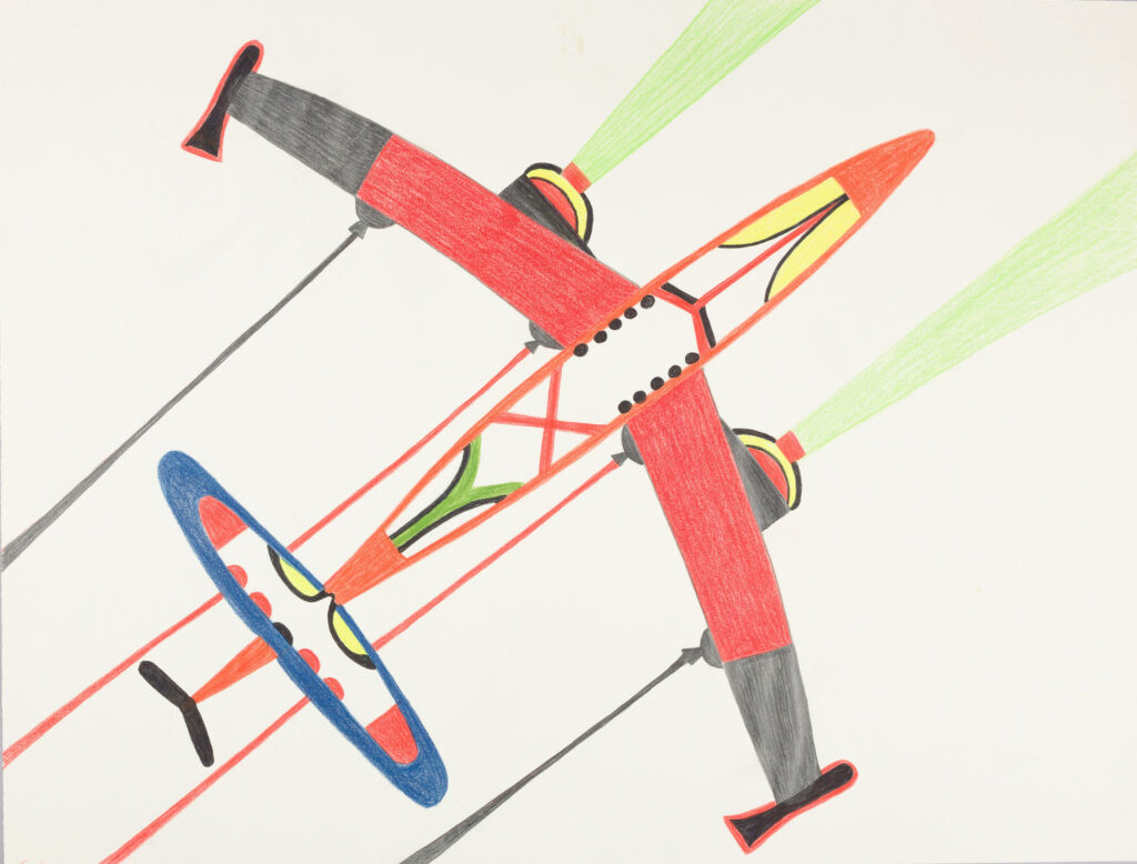 plane in graphite, coloured pencil, felt-tip pen on paper