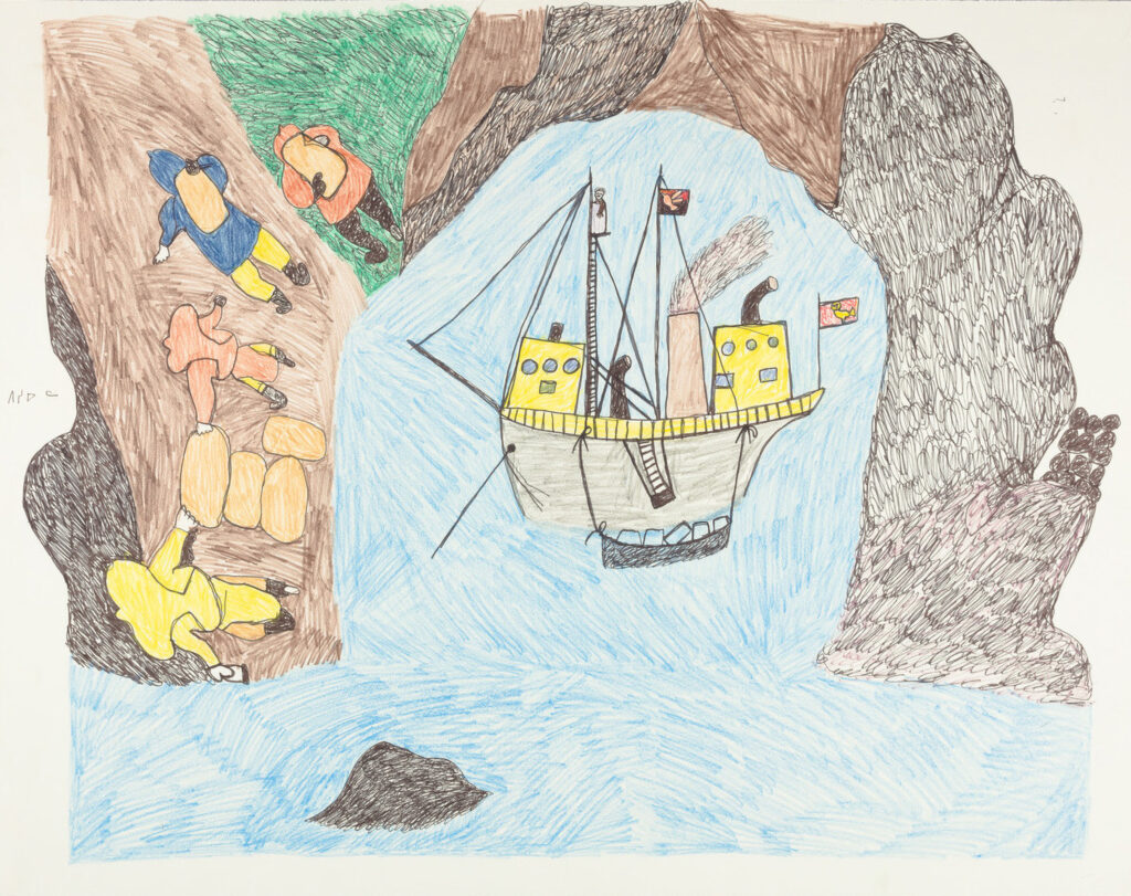 ship in coloured pencil, felt-tip pen on paper