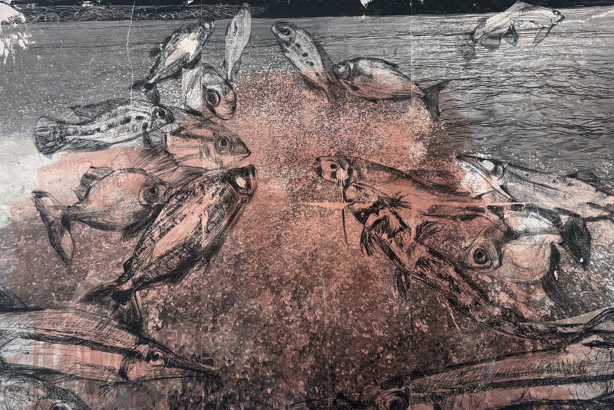 A detail image of acrylic and photo-based gel transfer on wood artwork, representing multiple fish