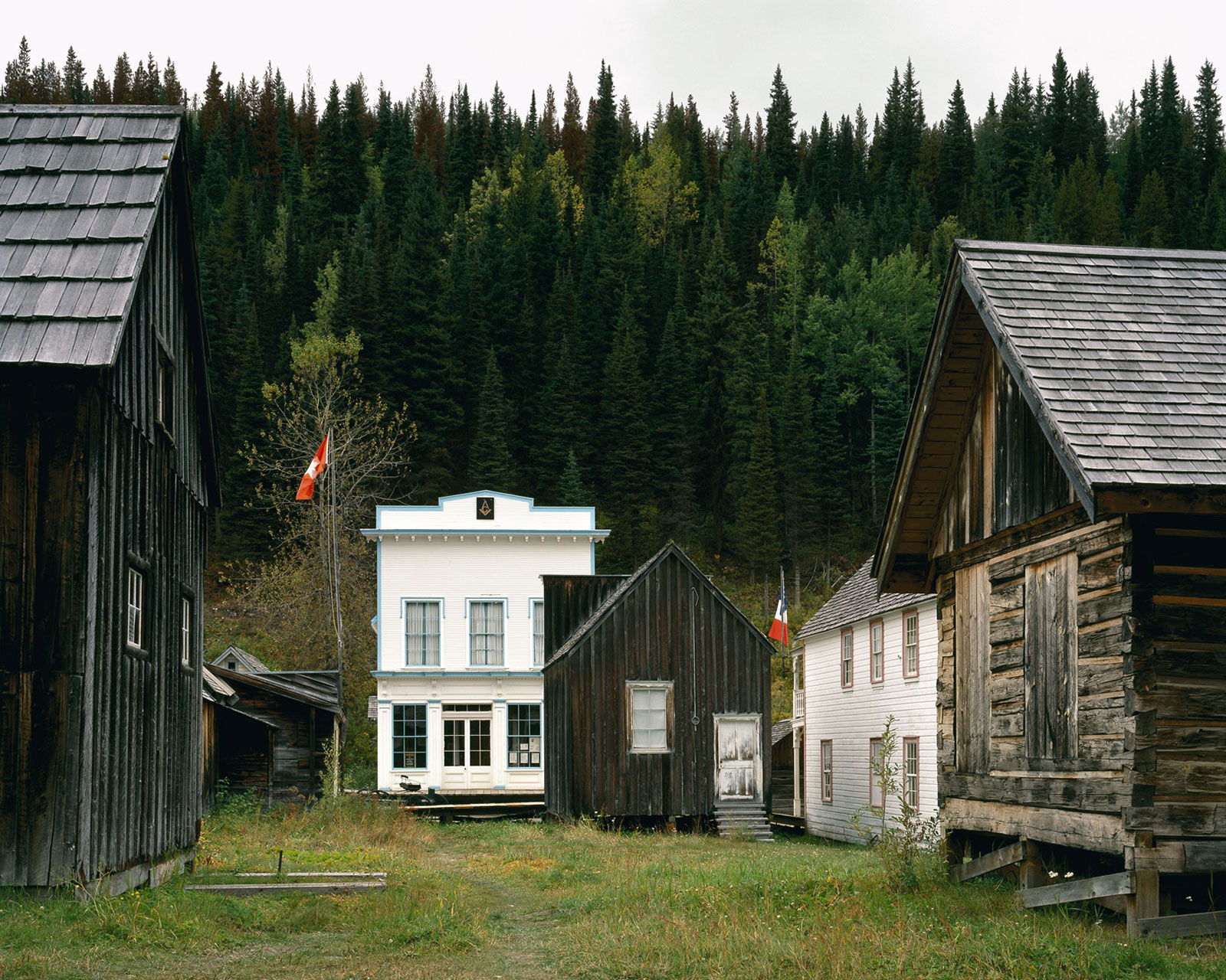 Small village with wooden buildings surrounded by forest
