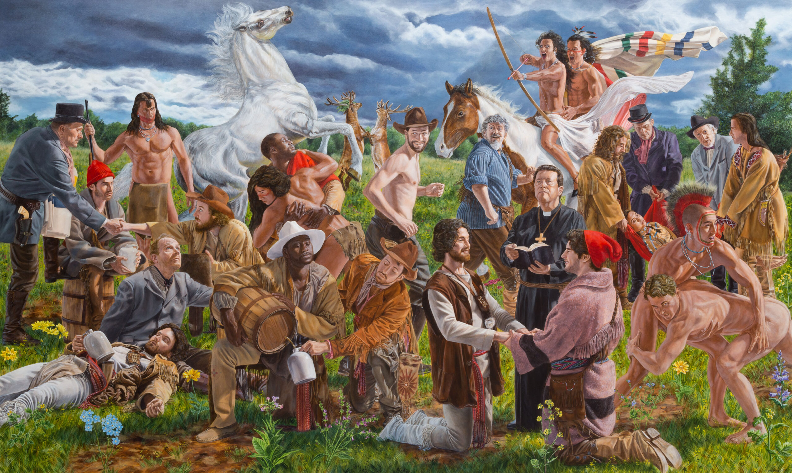 Historical outdoor scene with diverse figures in period clothing, including a rearing white horse and people on horseback.