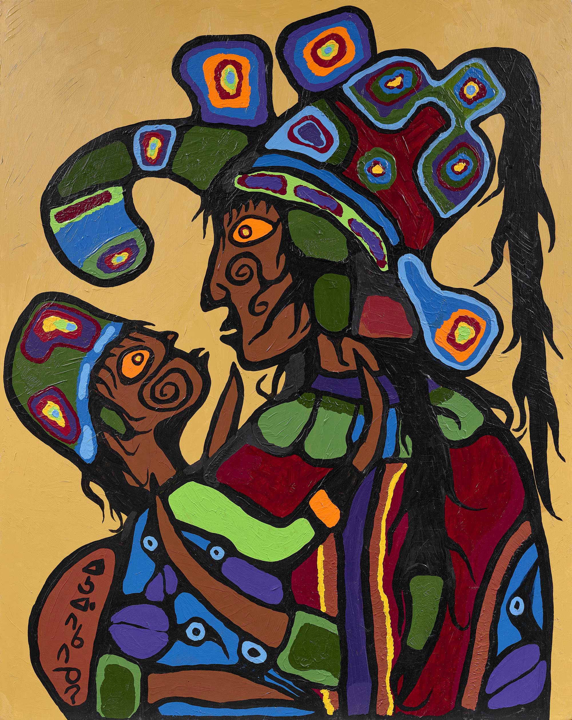 Abstract painting of two colorful, patterned figures embracing against a light brown background.