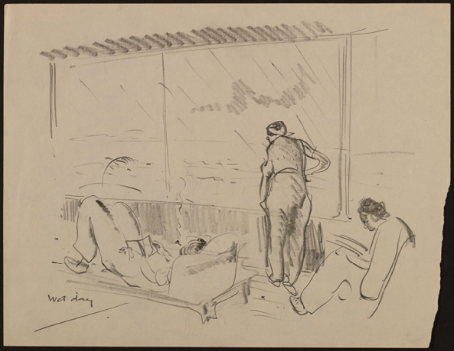 Sketch of three people indoors one reclining one seated and one standing by a large window