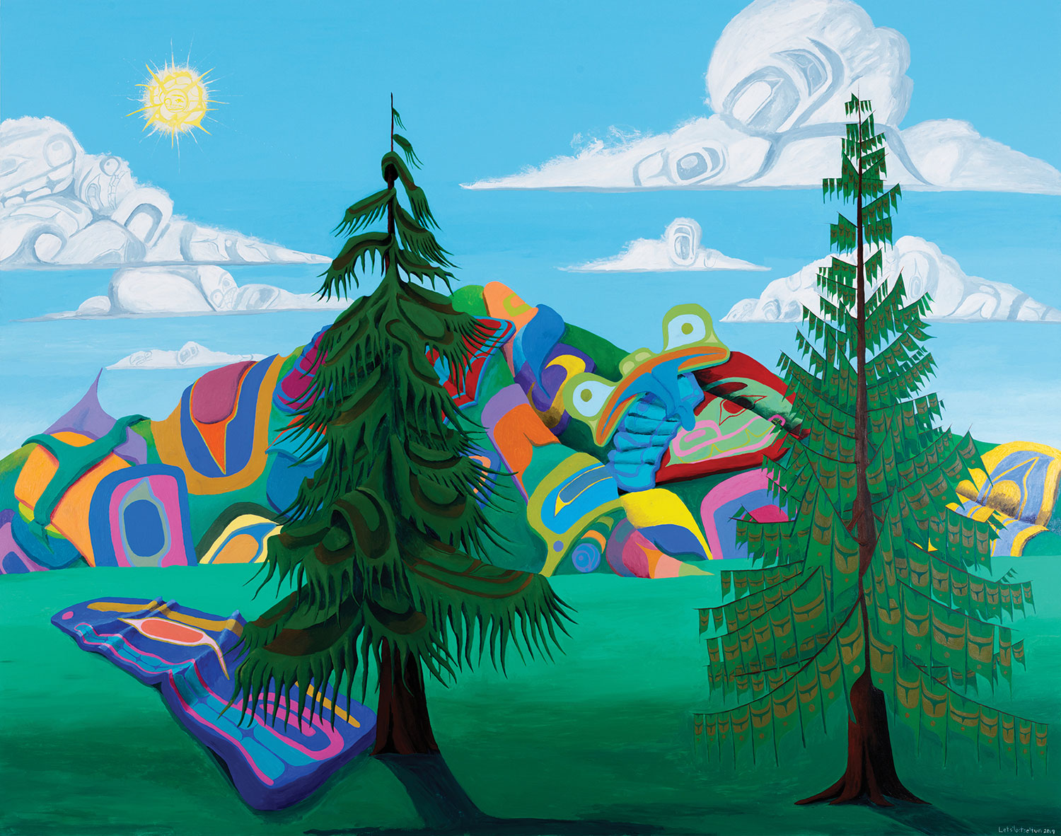 Bright painting with two green trees, colorful abstract hills, and a blue sky with stylized clouds and sun.