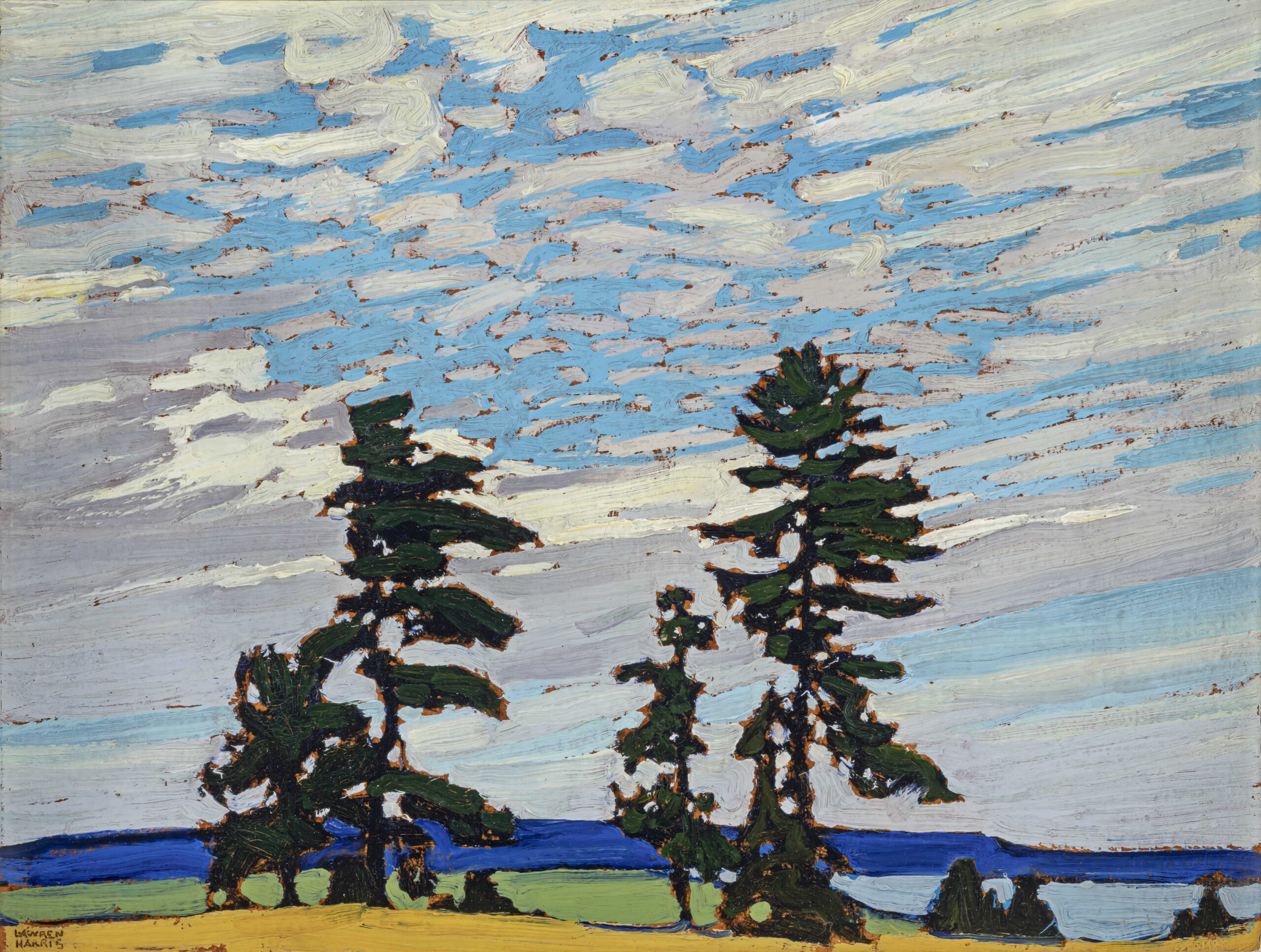 Landscape painting with tall pine trees under a sky filled with scattered clouds.