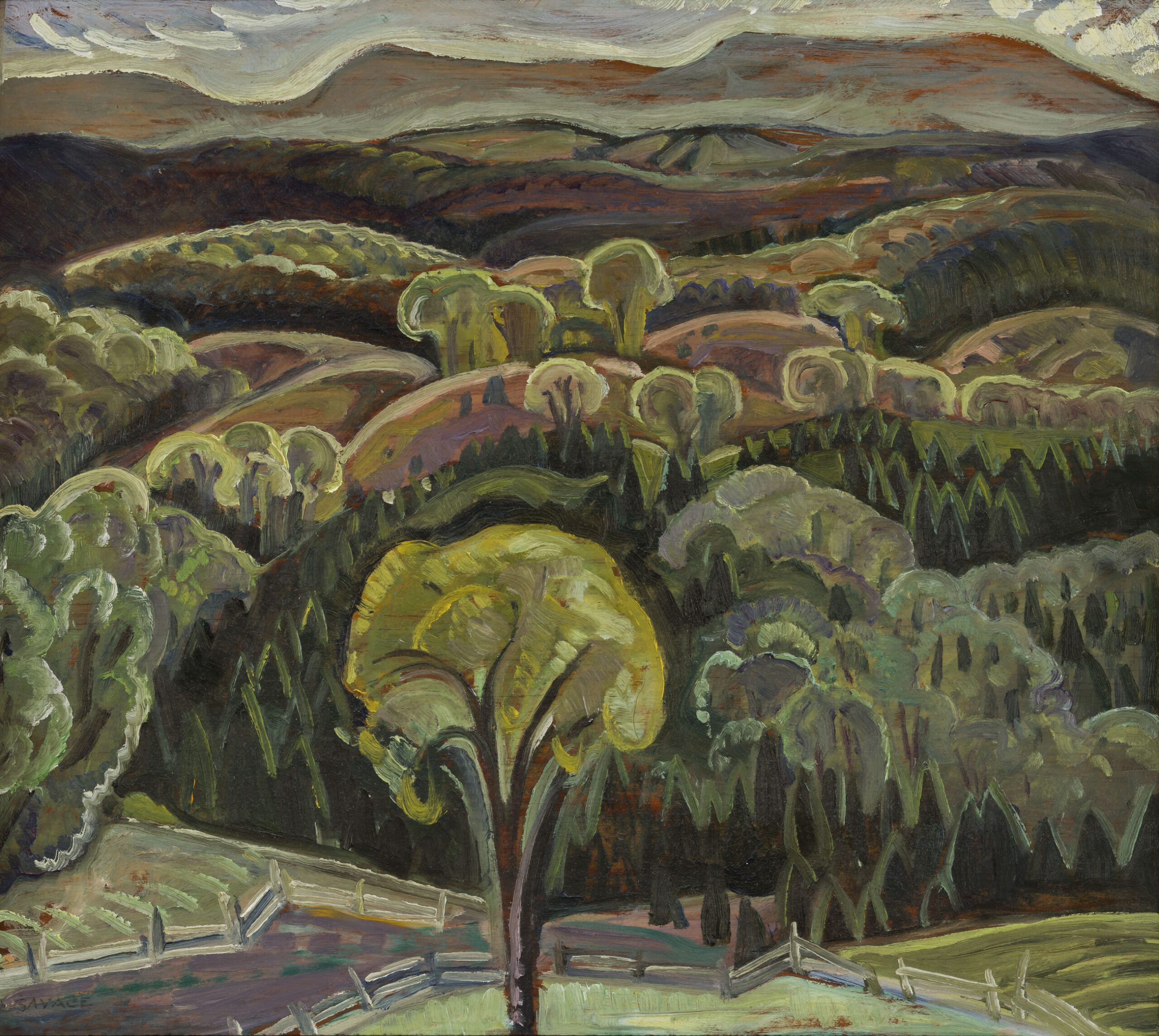 Textured landscape painting depicting layered hills forests and valleys in earthy tones