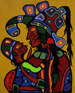 colourful painting of person in profile wearing elaborate headdress, holding a child