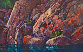 painting of steep rocky shoreline with blue water in foreground