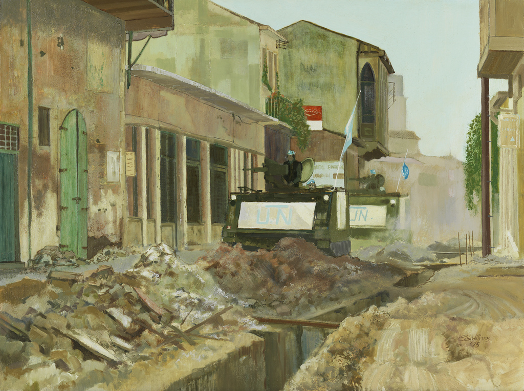 image of bombed street with tank