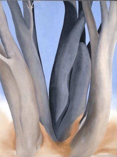 Painting of sinuous tree trunks in shades of grey and pale blue background