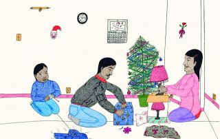 Drawing of a man, a woman and a child kneeling in a living room with a Christmas tree. They are opening gifts.