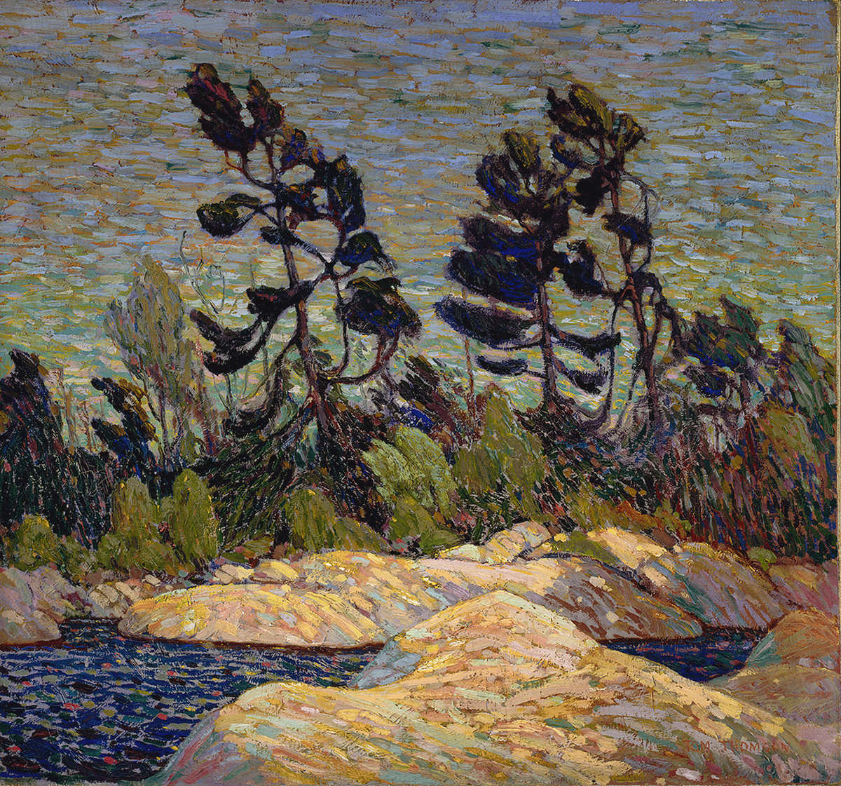 Painting of rocky landscape with pine trees behind the rocks and water in between