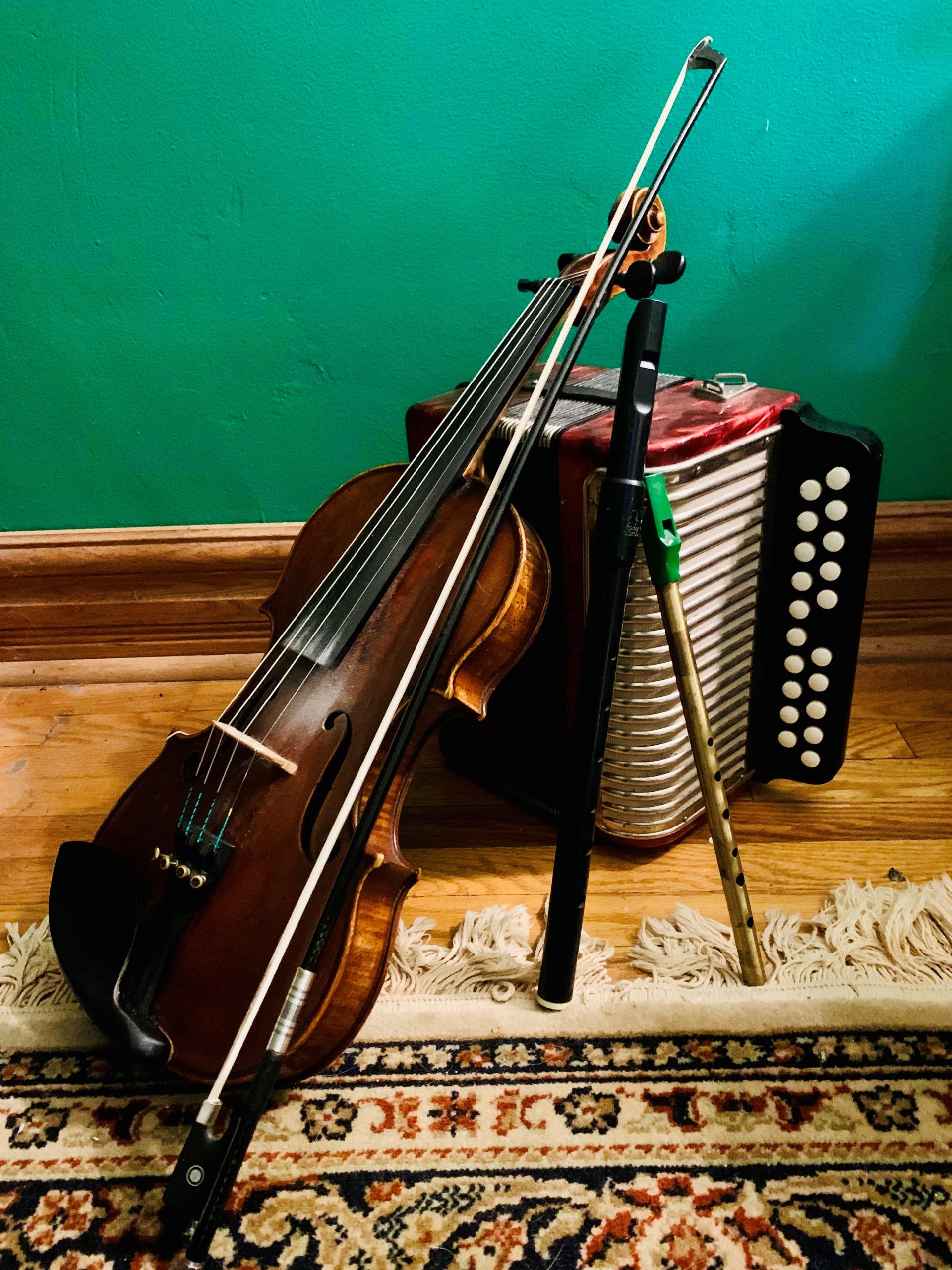 Fiddle leaning against accordion