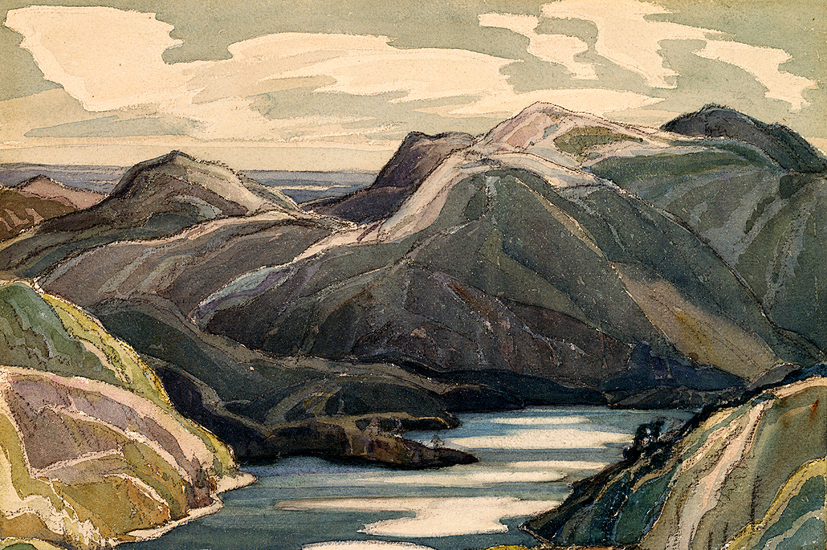 oil painting of mountain landscape with lake in centre