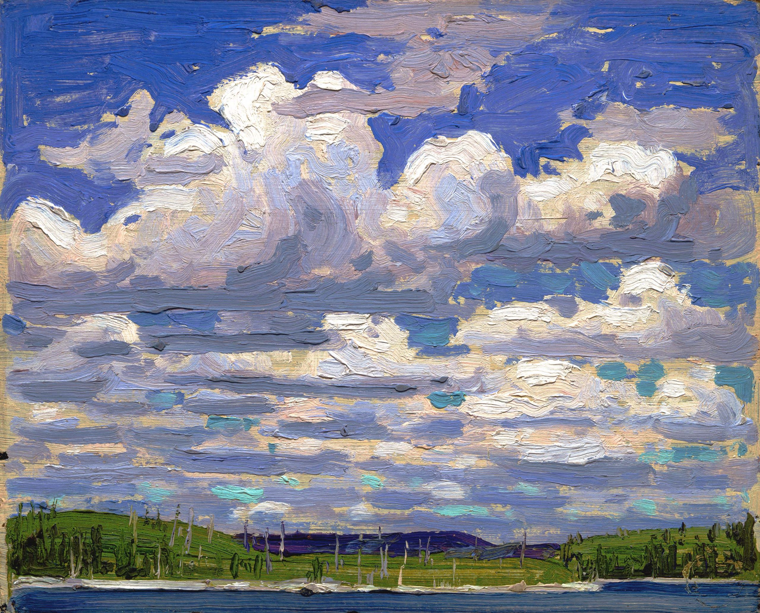 oil painting of a blue sky with white clouds above a body of water with a green shoreline