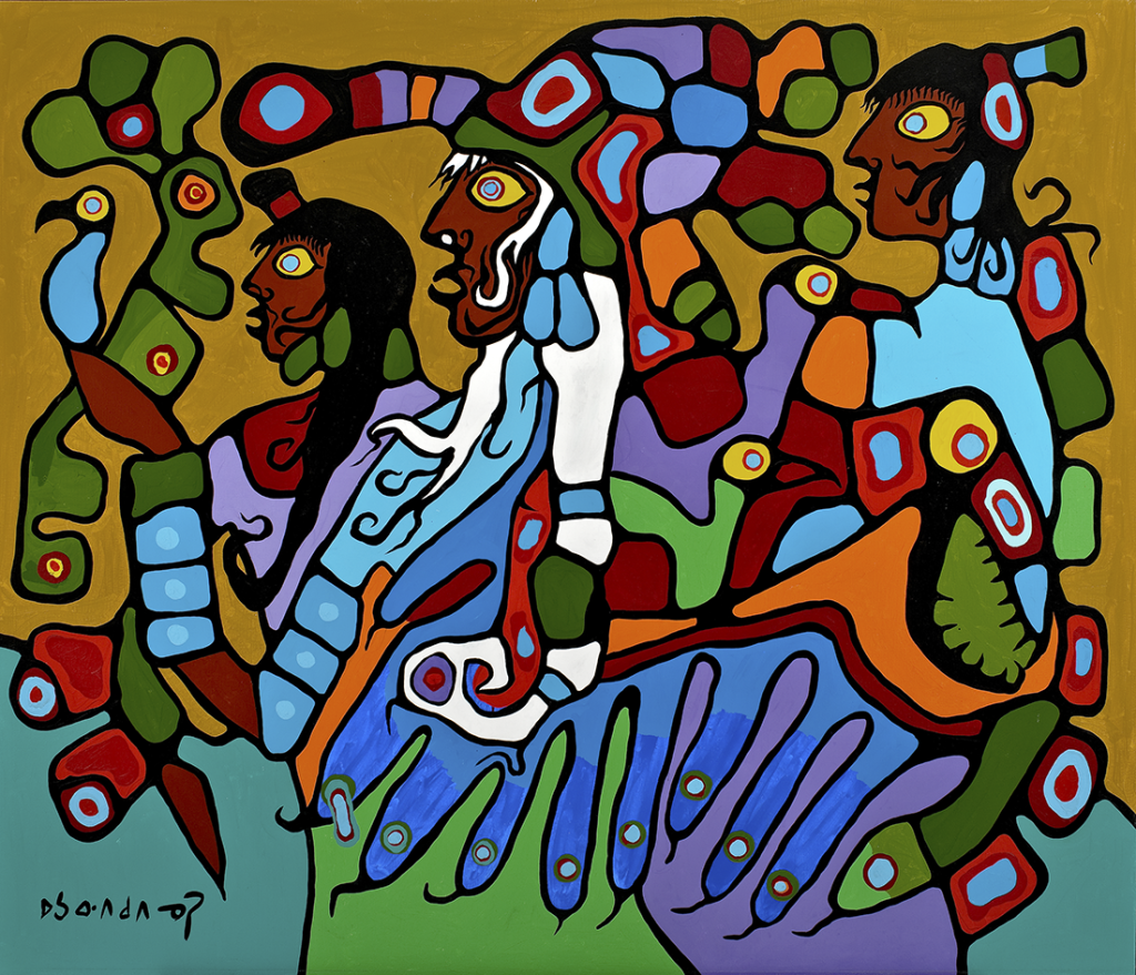 colourful painting in an abstract style of human figures and birds and animals