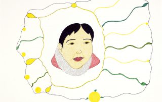 drawing of head of person with short black hair inside an irregular frame with yellow and green pattern