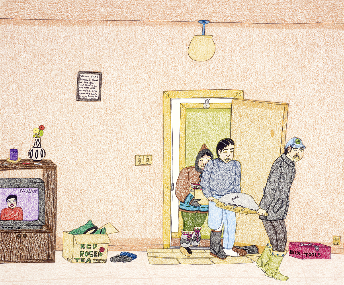 drawing of house interior with three people in winter clothes carrying items in through the door