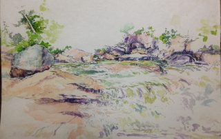 watercolour painting od river flowing through rocky shores